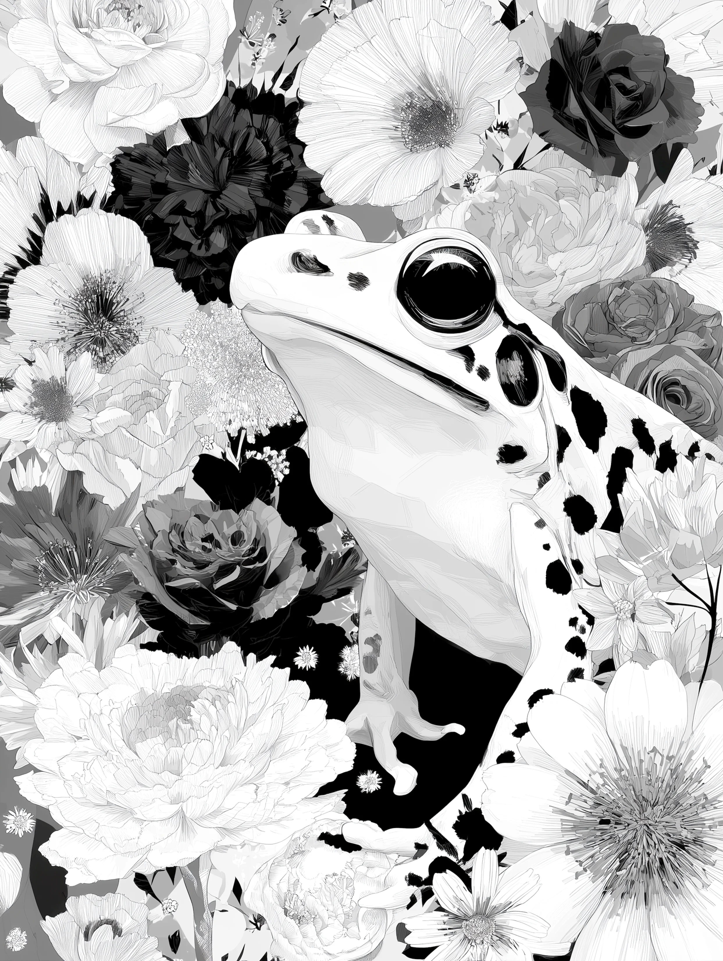 Free printable frog coloring page for adults featuring white frog with white flowers